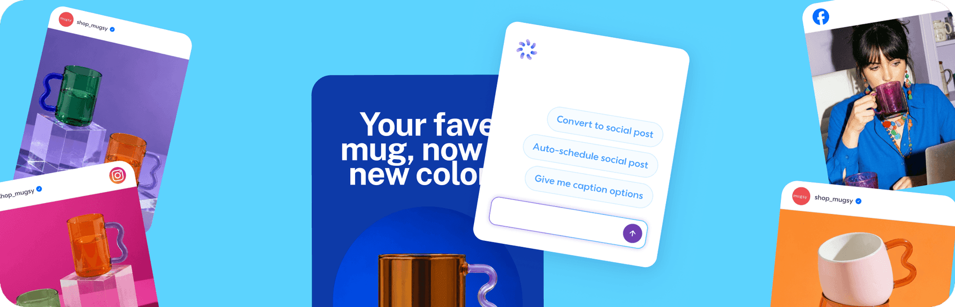 Social media management interface showing colorful mugs, AI caption tools, and scheduling options on a blue background.