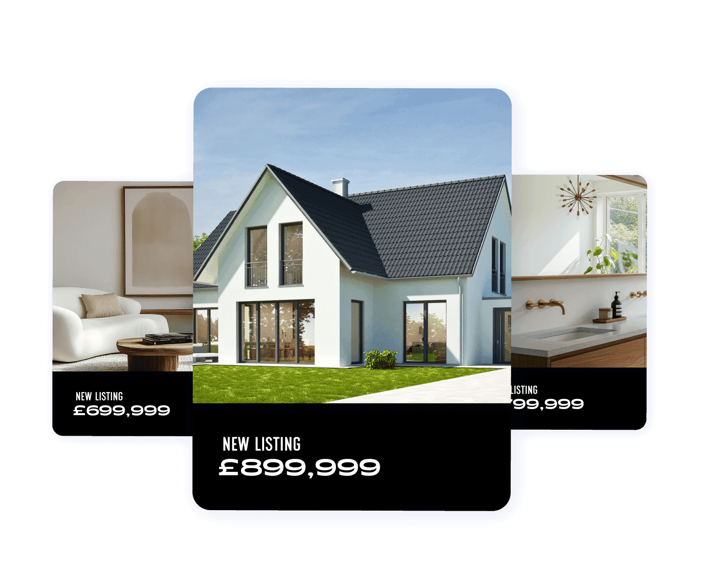 Modern real estate listings featuring contemporary homes for sale, with prices ranging from £ $699,999 to £899,999.