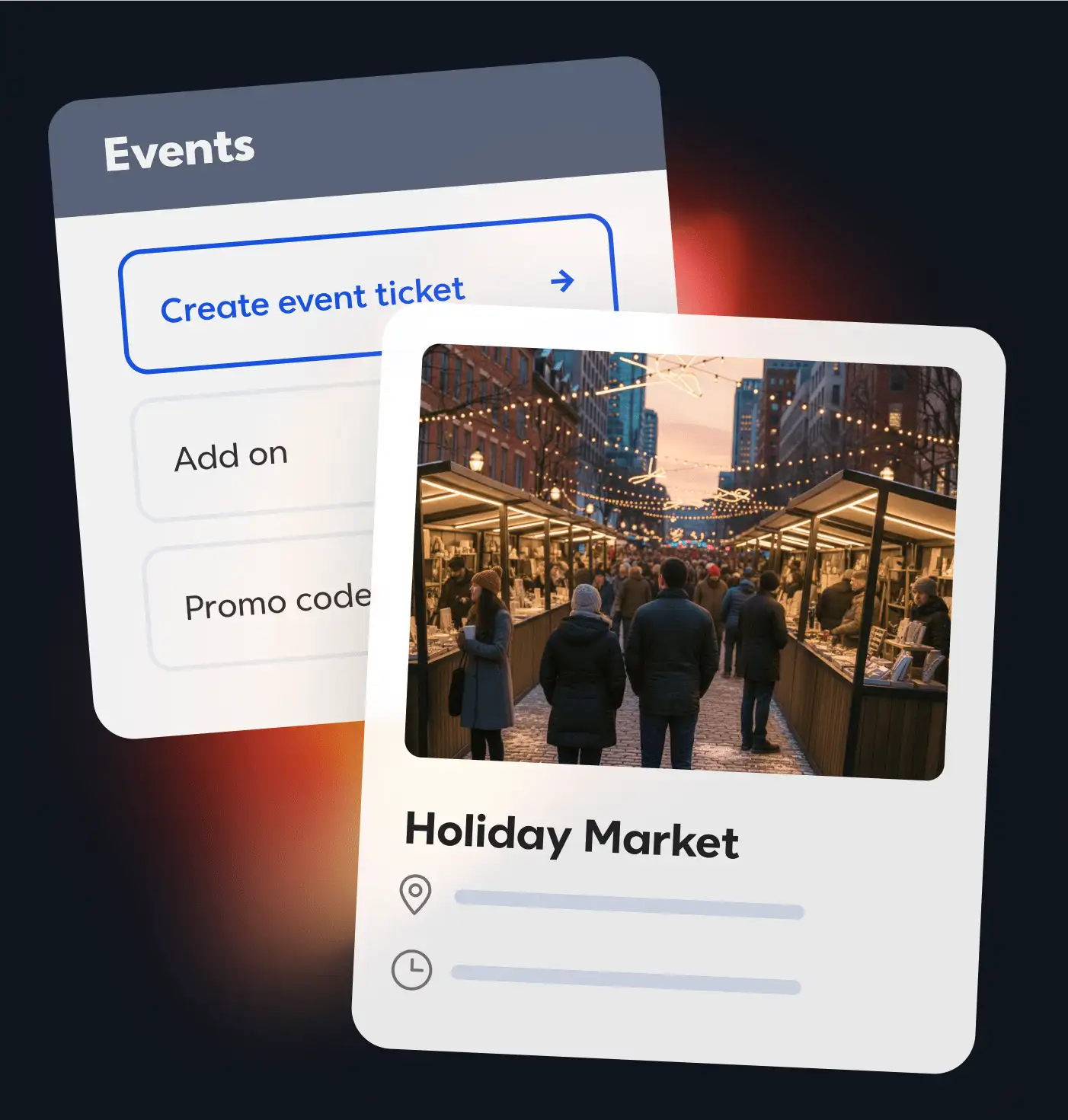 Event ticket creation interface showing a holiday market with festive stalls and string lights in an urban setting.