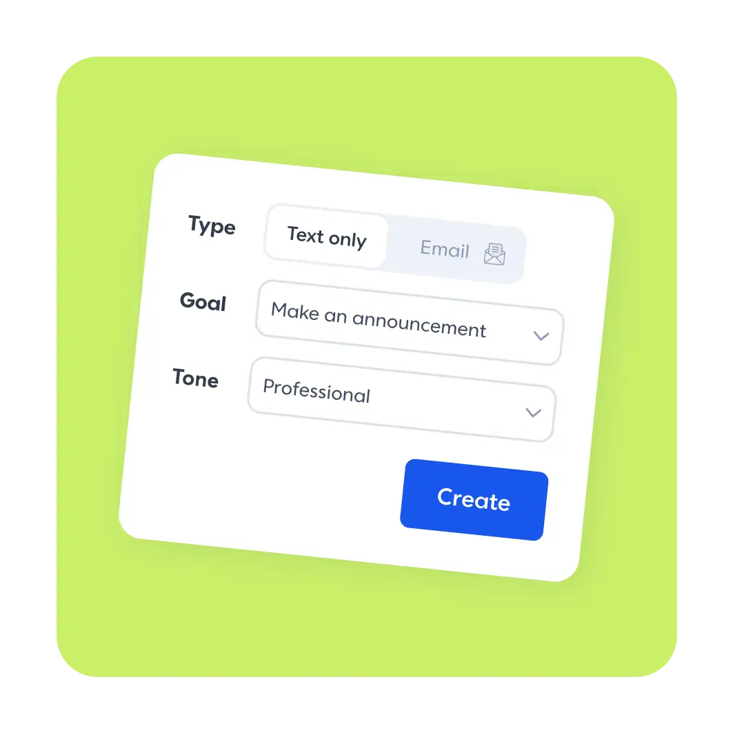 Contacts form including type, goal, and tone selection options over a green background.