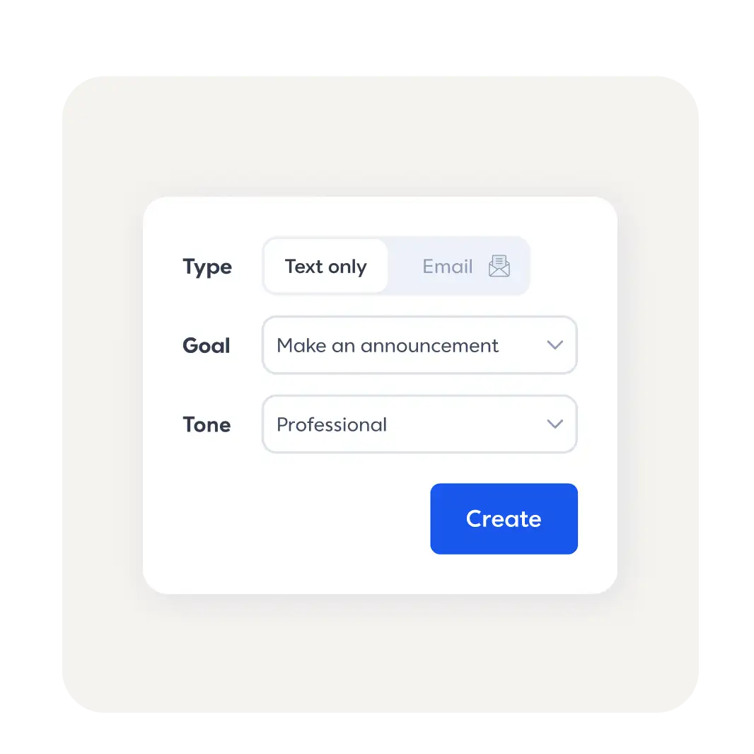 Contacts form including type, goal, and tone selection options.