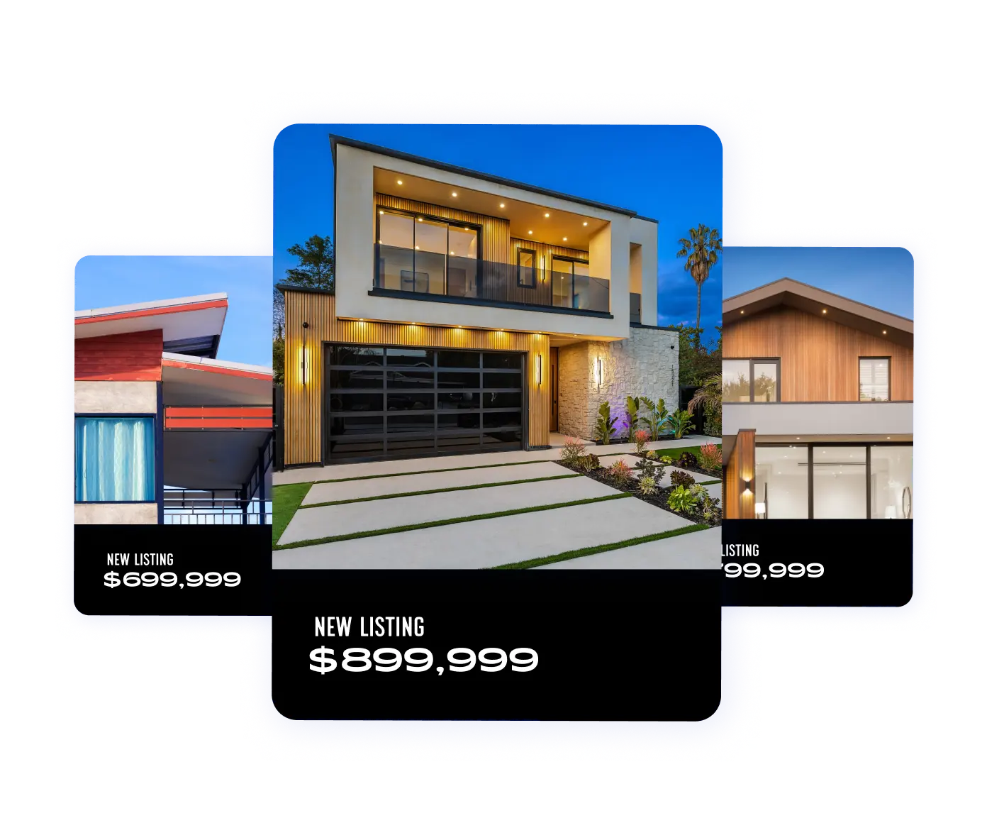 Modern real estate listings featuring contemporary homes for sale, with prices ranging from $699,999 to $899,999.