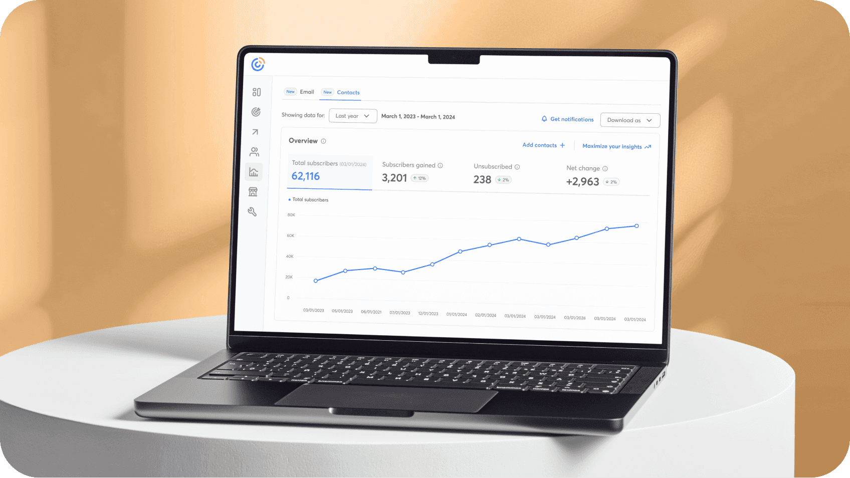 Open laptop with Constant Contact analytics dashboard on the screen