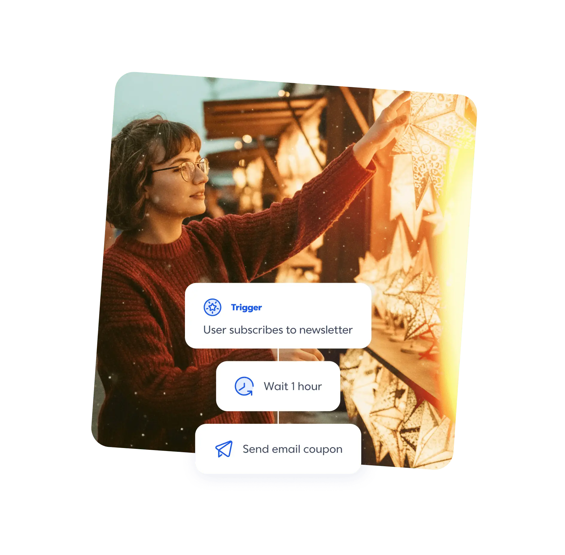 Person in red sweater touching star decorations with email automation workflow showing newsletter subscription steps.