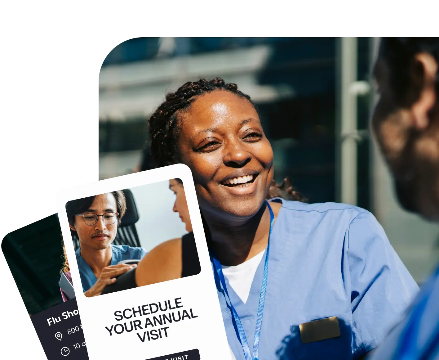 Smiling nurse in blue scrubs with app screens showing flu shot info and a Schedule Your Annual Visit prompt.