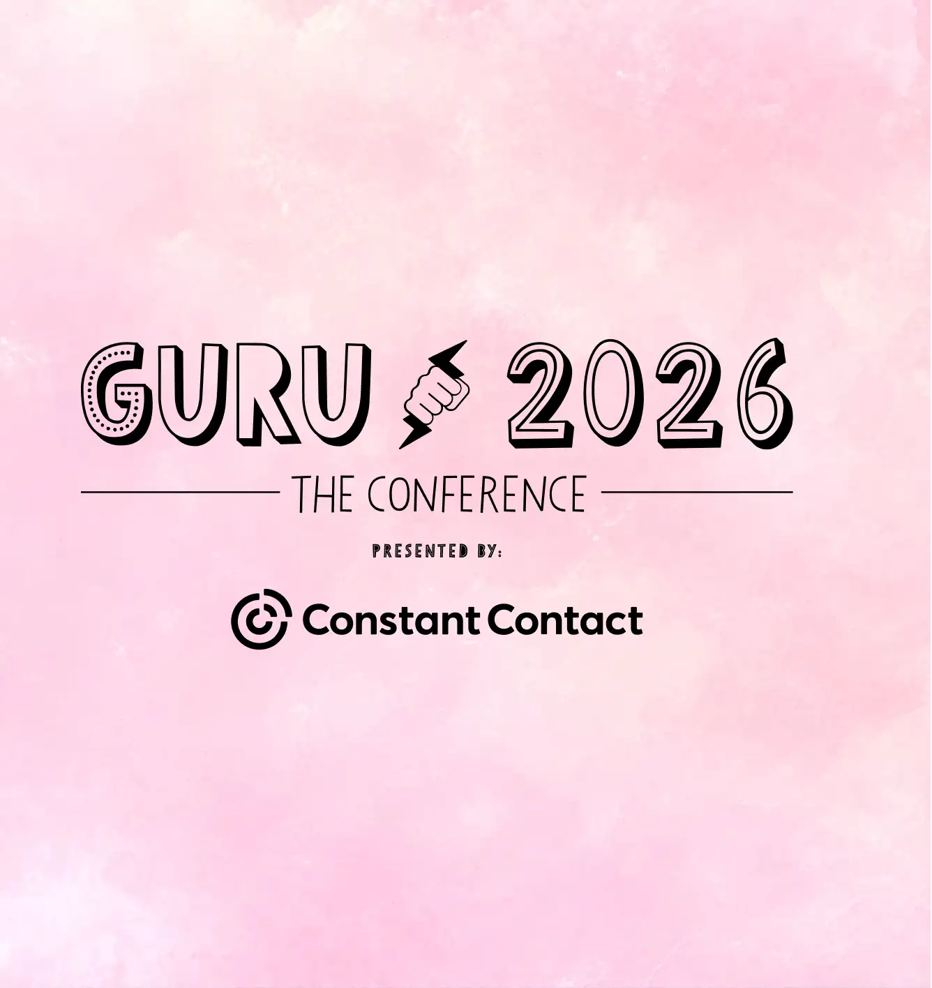 Guru 2026 The Conference logo on a pink background, presented by Constant Contact, featuring bold text and a lightning bolt icon.