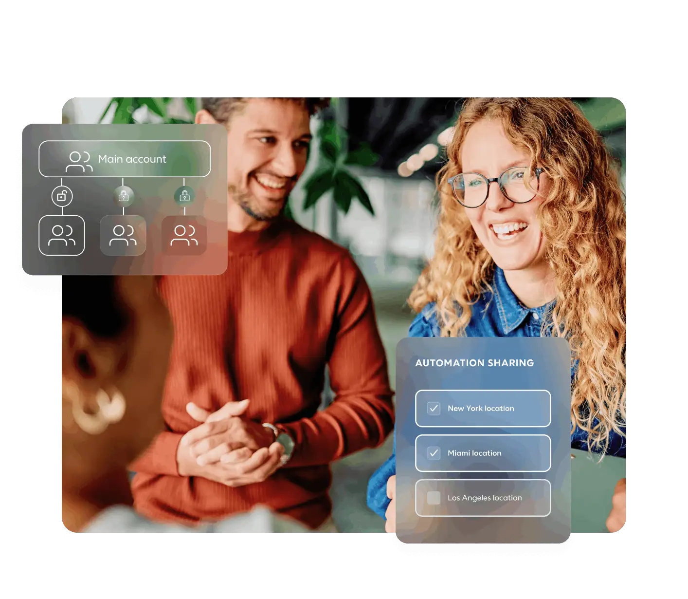 Woman with curly hair and glasses in denim jacket holding tablet, with colleagues and user account interface overlay.