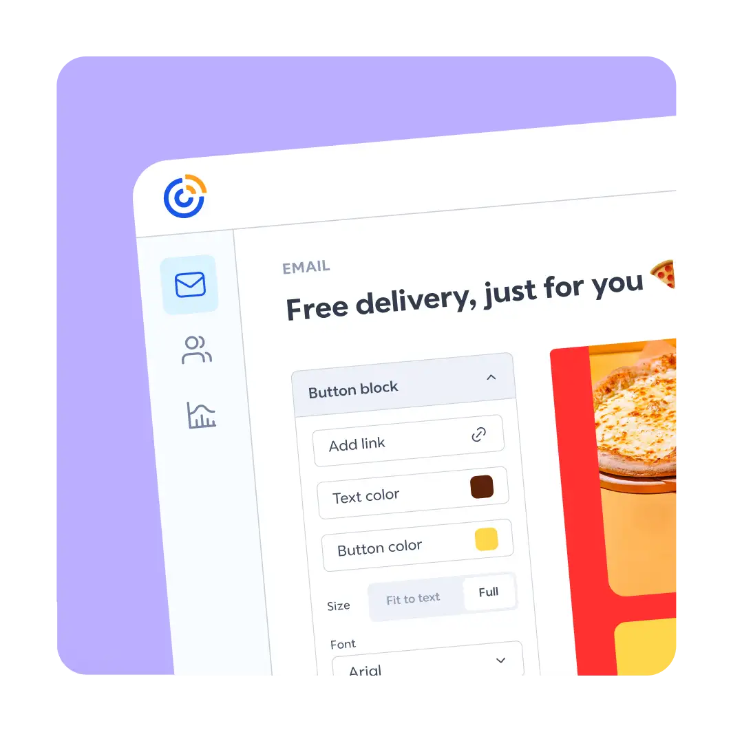 Email editor interface showing a "Free delivery" campaign with button block settings for color, size, and font options.