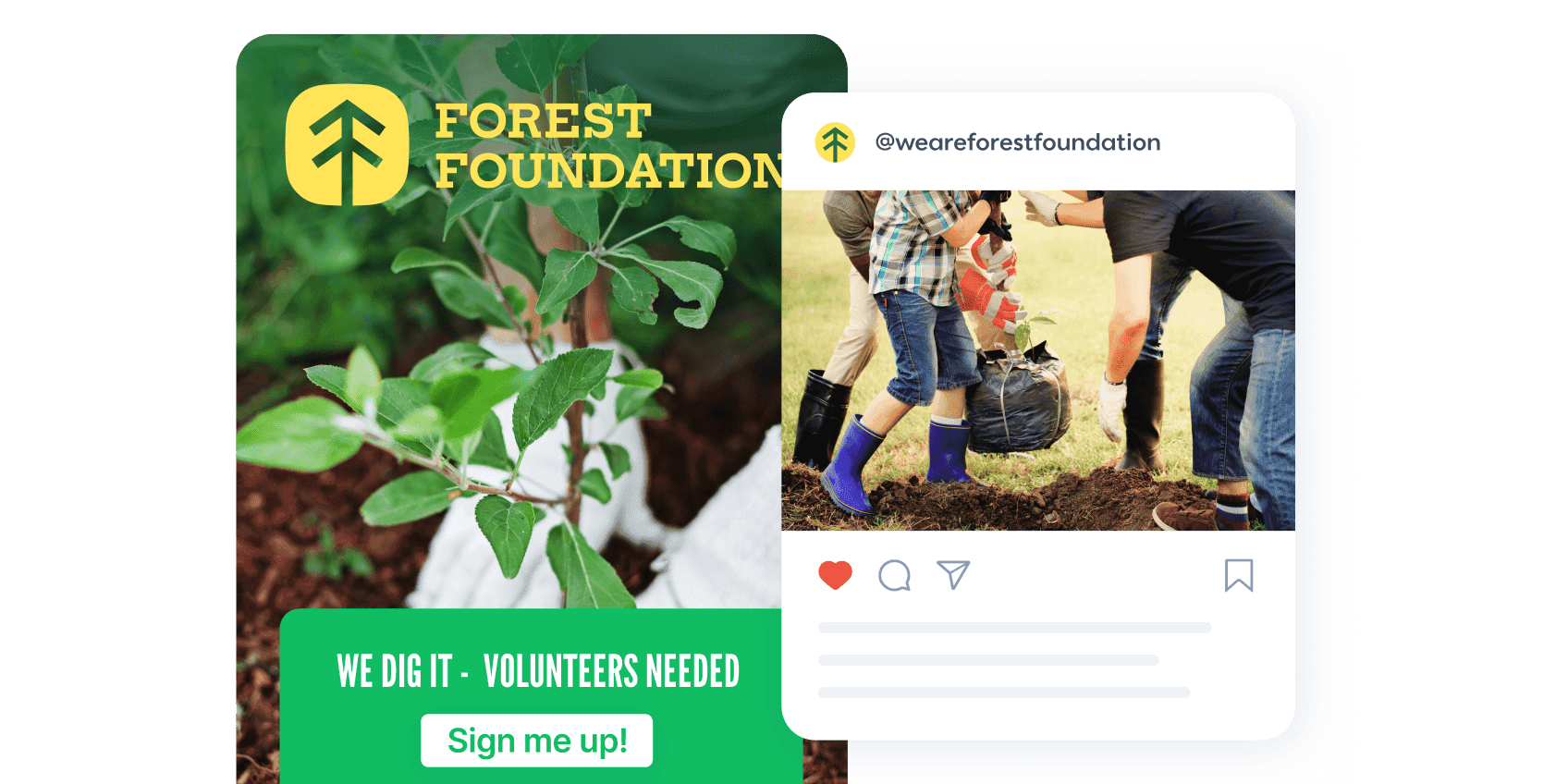 Forest Foundation social media post showing volunteers planting trees, with "We Dig It - Volunteers Needed" and signup button.