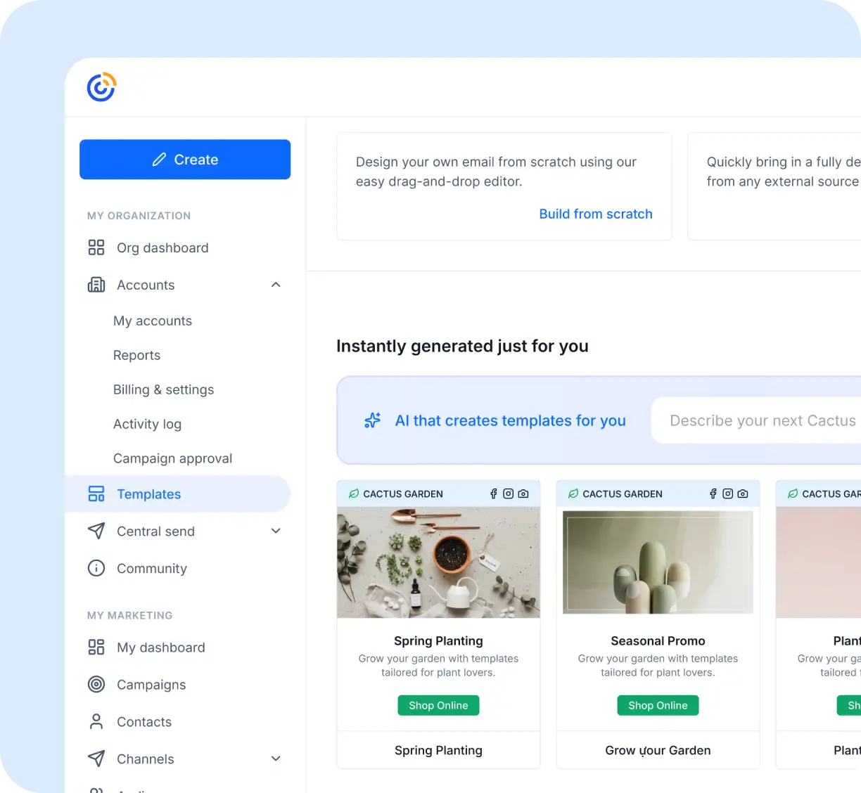 Dashboard interface showing navigation menu with organization options and AI template generation feature with preview templates.
