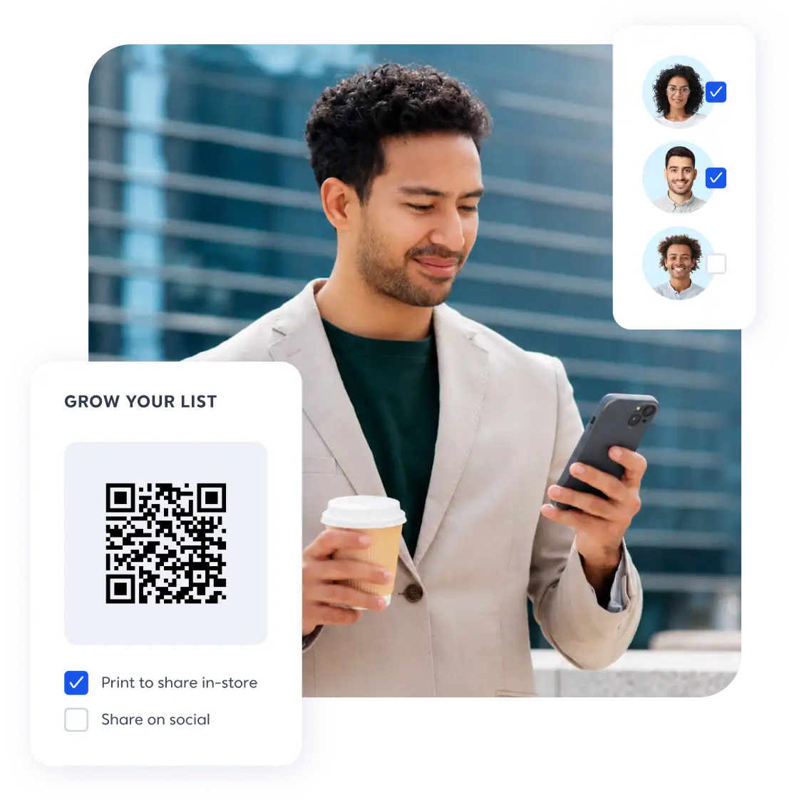 Man with dark hair hold a cup of coffer and using phone with "Grow Your List" interface showing QR code and profile selection options.