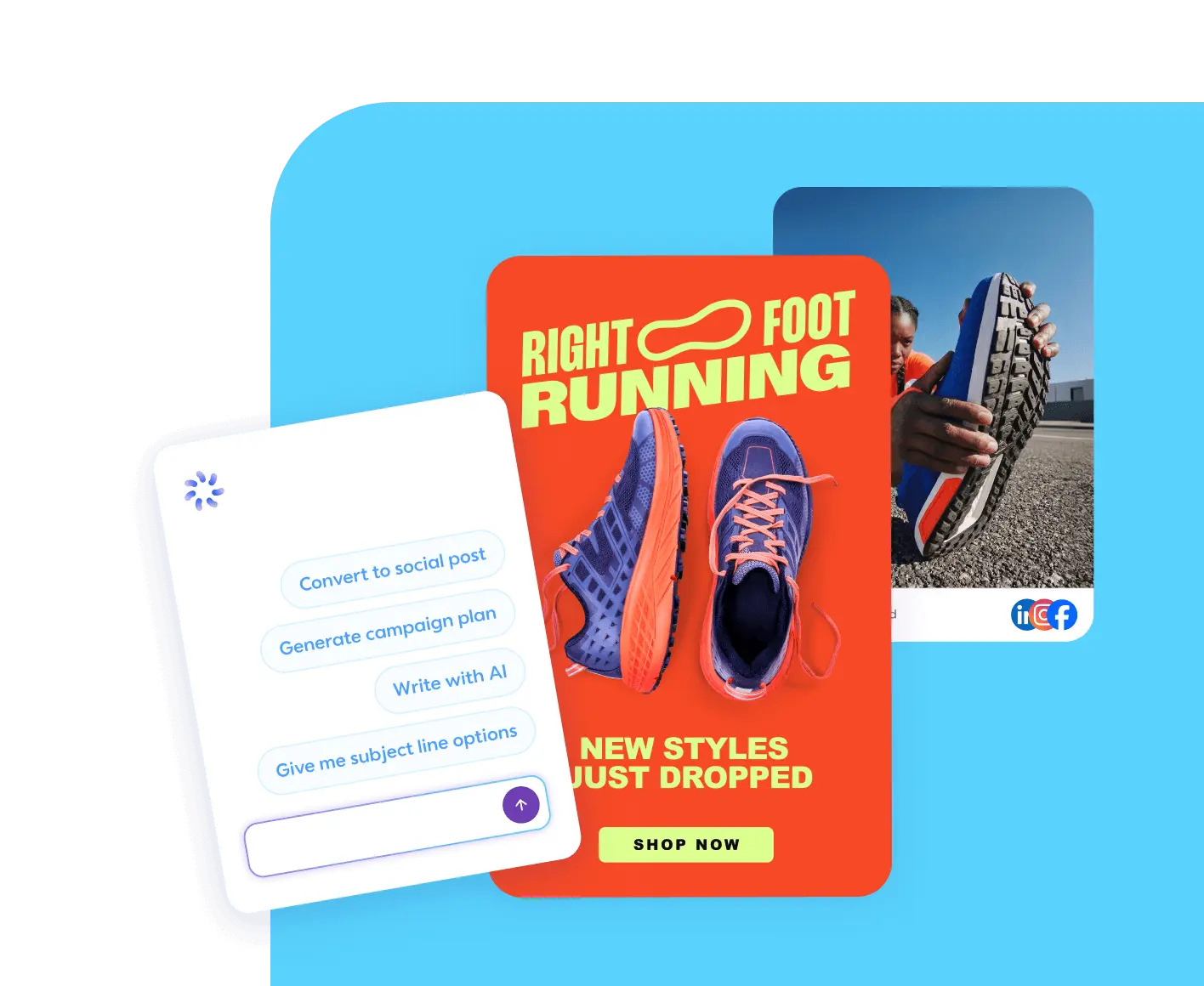 AI assistant prompt card with marketing actions overlapping a "Right Foot Running" ad card showcasing athletic sneakers.