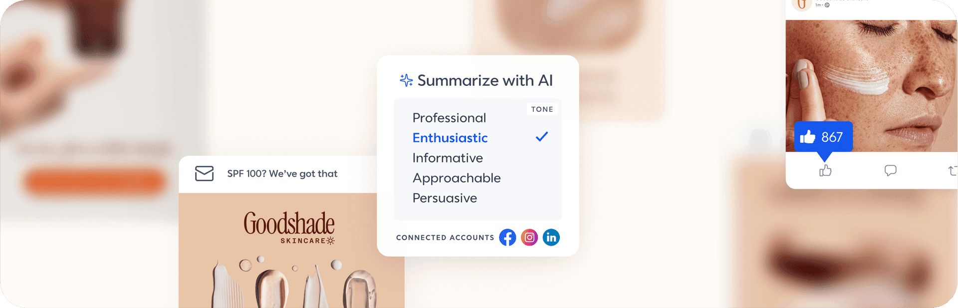 A graphic with multiple social posts screens with an overlay titled Summarize with AI