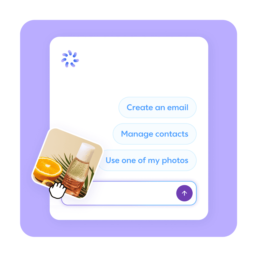 AI prompt window showing quick actions with a hand cursor dragging a product photo into the chat.