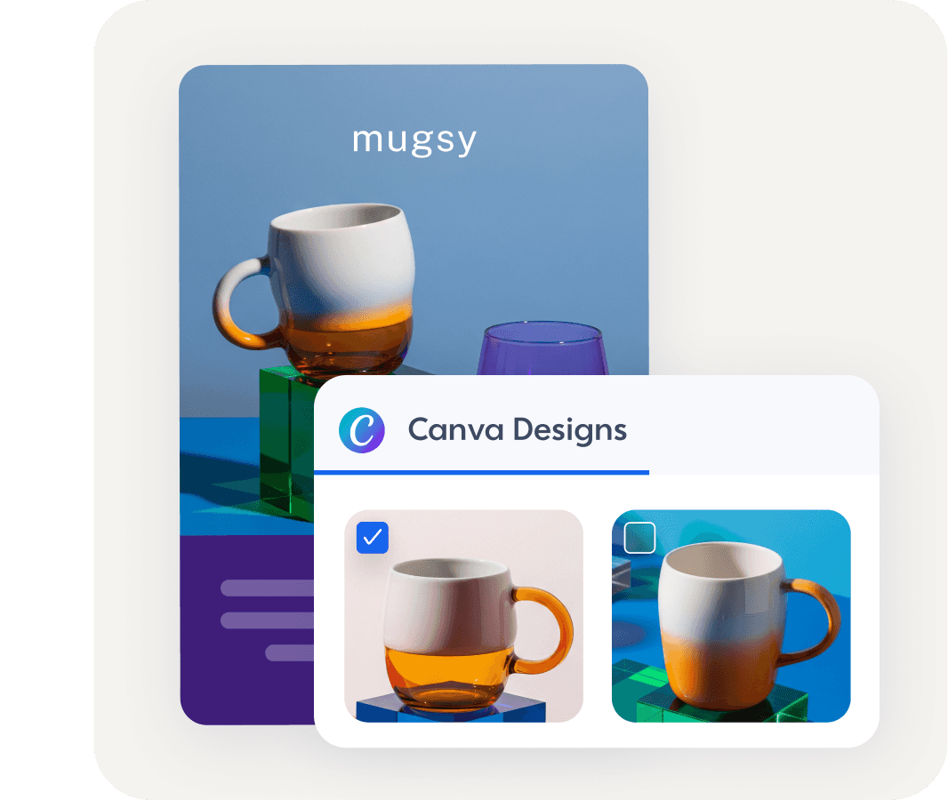 Email promotion featuring 15% off colorful glass mugs with orange and green options displayed against a blue background.