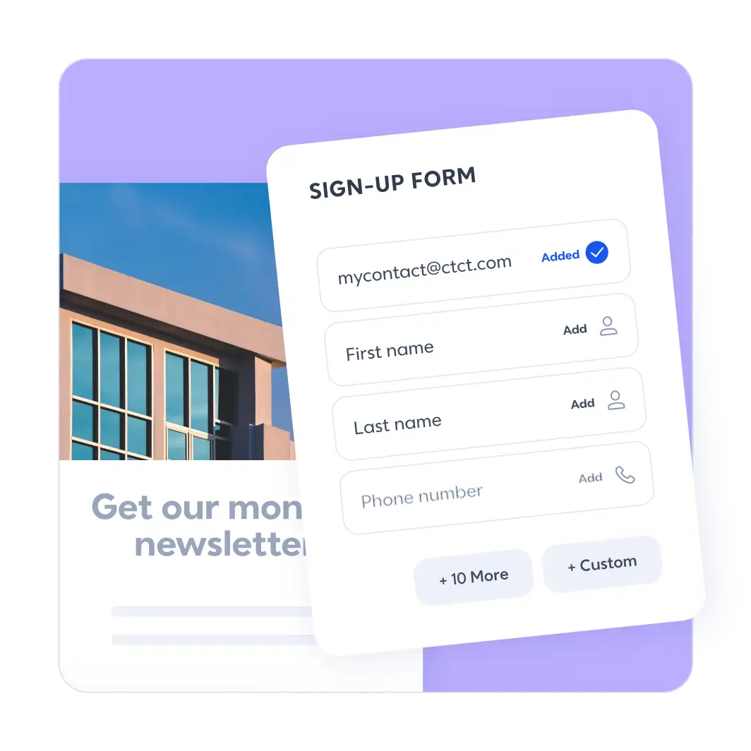 Landing page sign-up form with email, first and last name, and phone number fields.