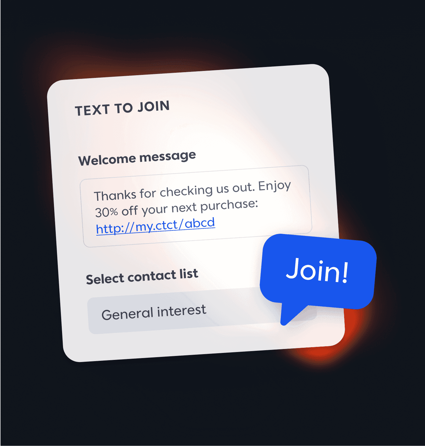 Text message signup form with welcome message offering 30% discount and blue "Join!" button against dark background.