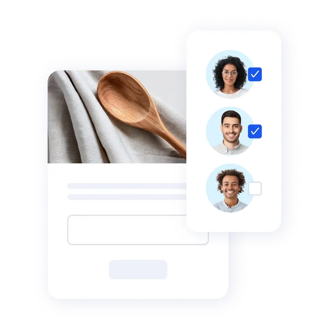 UI mockup showing a wooden spoon on linen fabric beside a user selection panel with three profile photos and checkboxes.