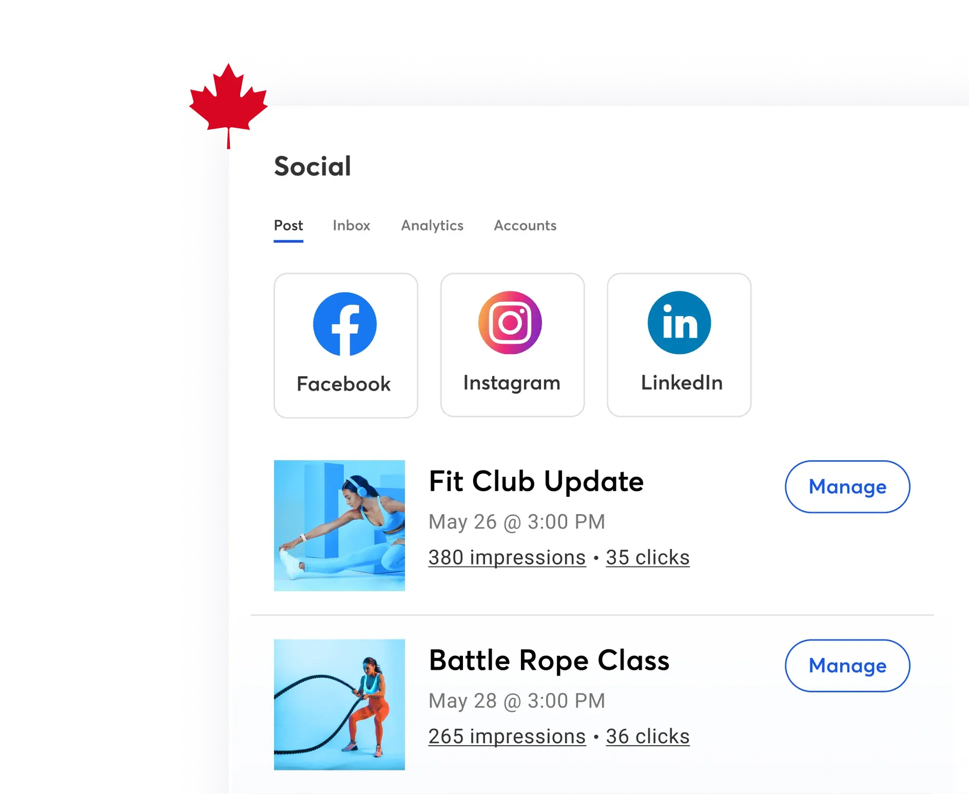 Canadian social media management dashboard showing Facebook, Instagram, and LinkedIn icons with fitness post analytics.