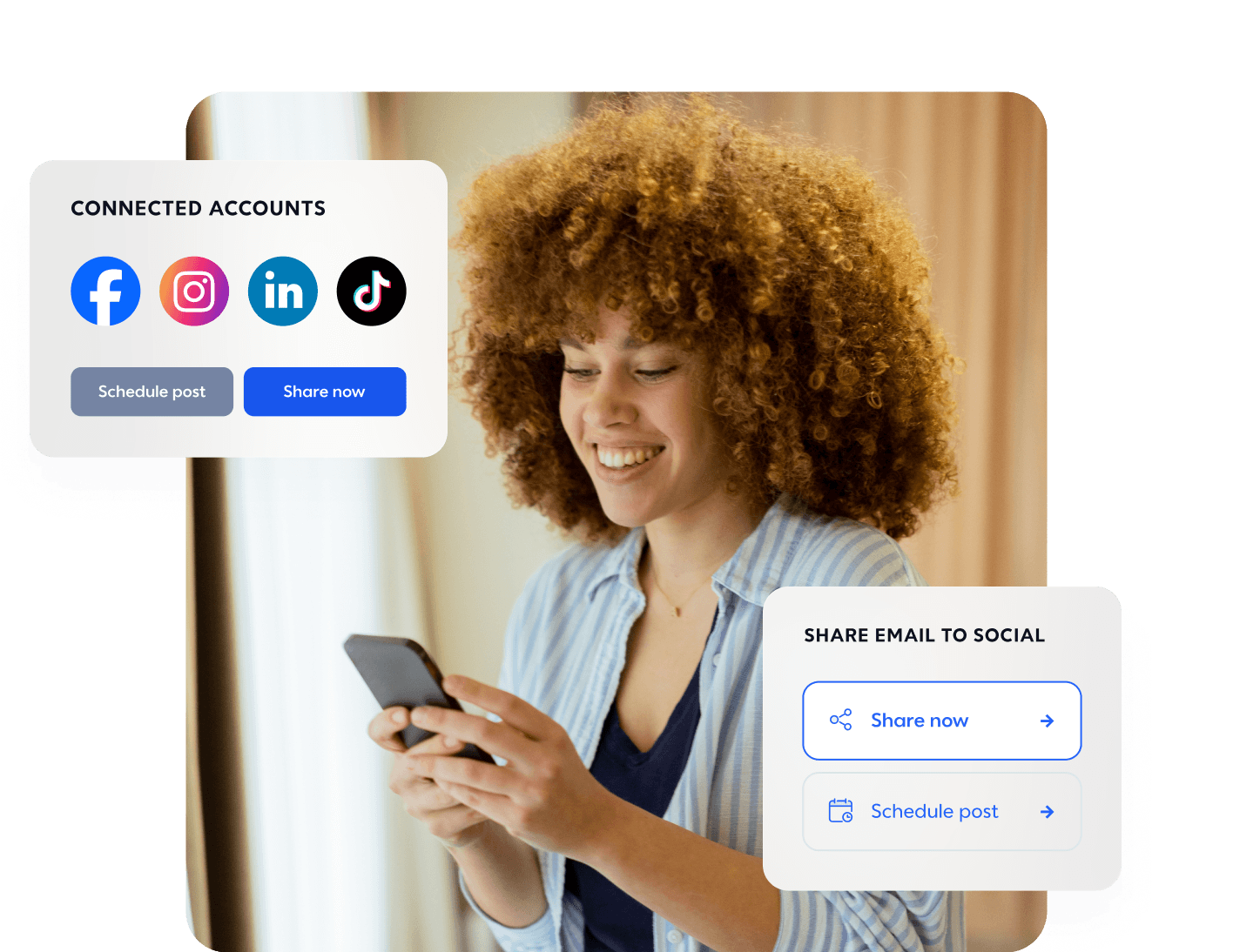 Person with curly hair using phone with social media sharing interface showing connected accounts and posting options.