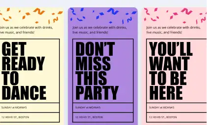 Three colorful party invitation flyers in yellow, purple, and pink with bold text promoting a dance event in Boston.