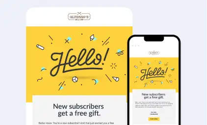 Alfonso's email design showing "Hello!" on yellow background with smartphone display of new subscriber free gift offer.