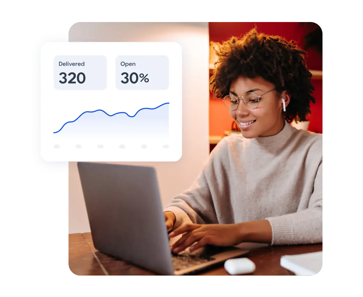 Person in beige sweater working on laptop with wireless earbuds, analytics dashboard showing 320 delivered and 30% open rate.