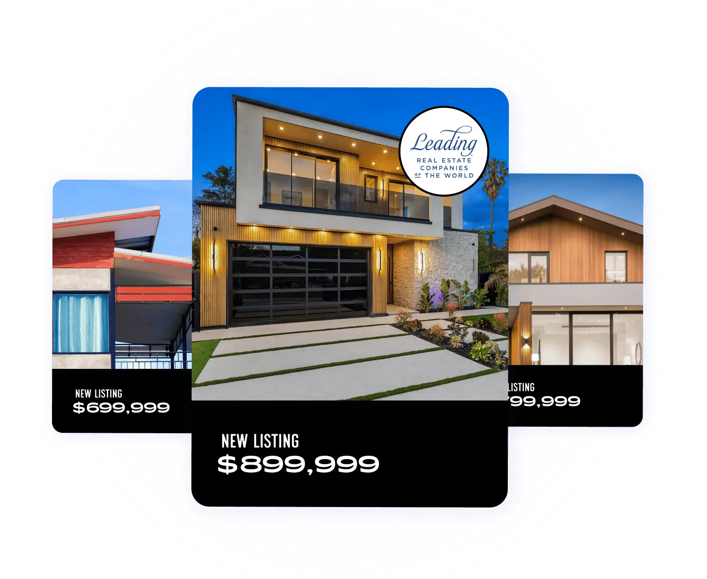 LeadingRE three cards with new home listings, including cost and photo of front of each home.