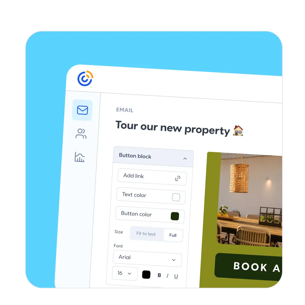 Email editor UI showing a "Tour our new property" campaign with button block settings for link, color, size, and font options.