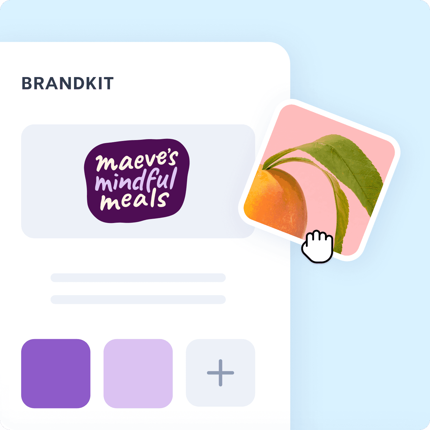 Brandkit interface showing "Maeve's Mindful Meals" logo in purple alongside a peach image on pink background with color swatches below.