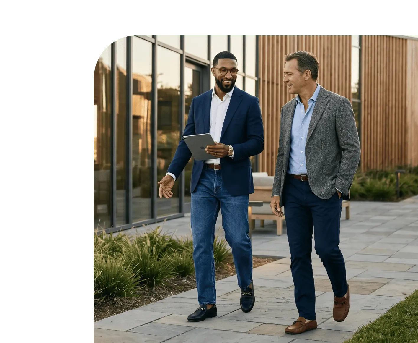 Two men in business casual attire walk outdoors, one holding a tablet, conversing near a modern building with wood paneling.
