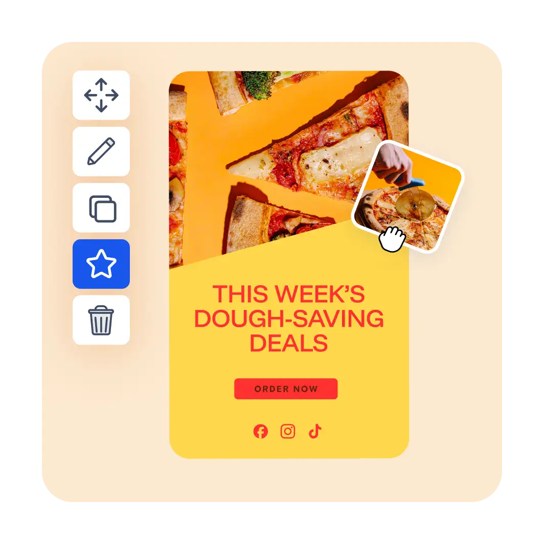 Pizza deal promotional card with "This Week's Dough-Saving Deals" text, Order Now button, and social media icons.