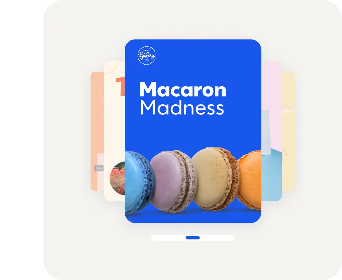 Colorful macarons in blue, purple, beige, and orange displayed on a bright blue background with "Macaron Madness" text.