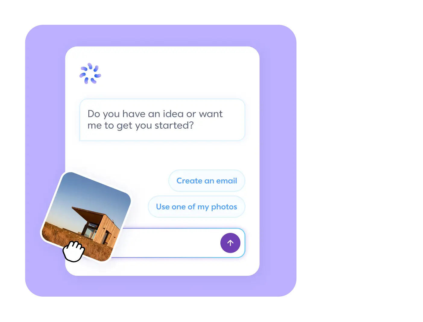 AI chat interface on blue background asking for ideas, with options to create an email or use a photo of a modern wooden house.