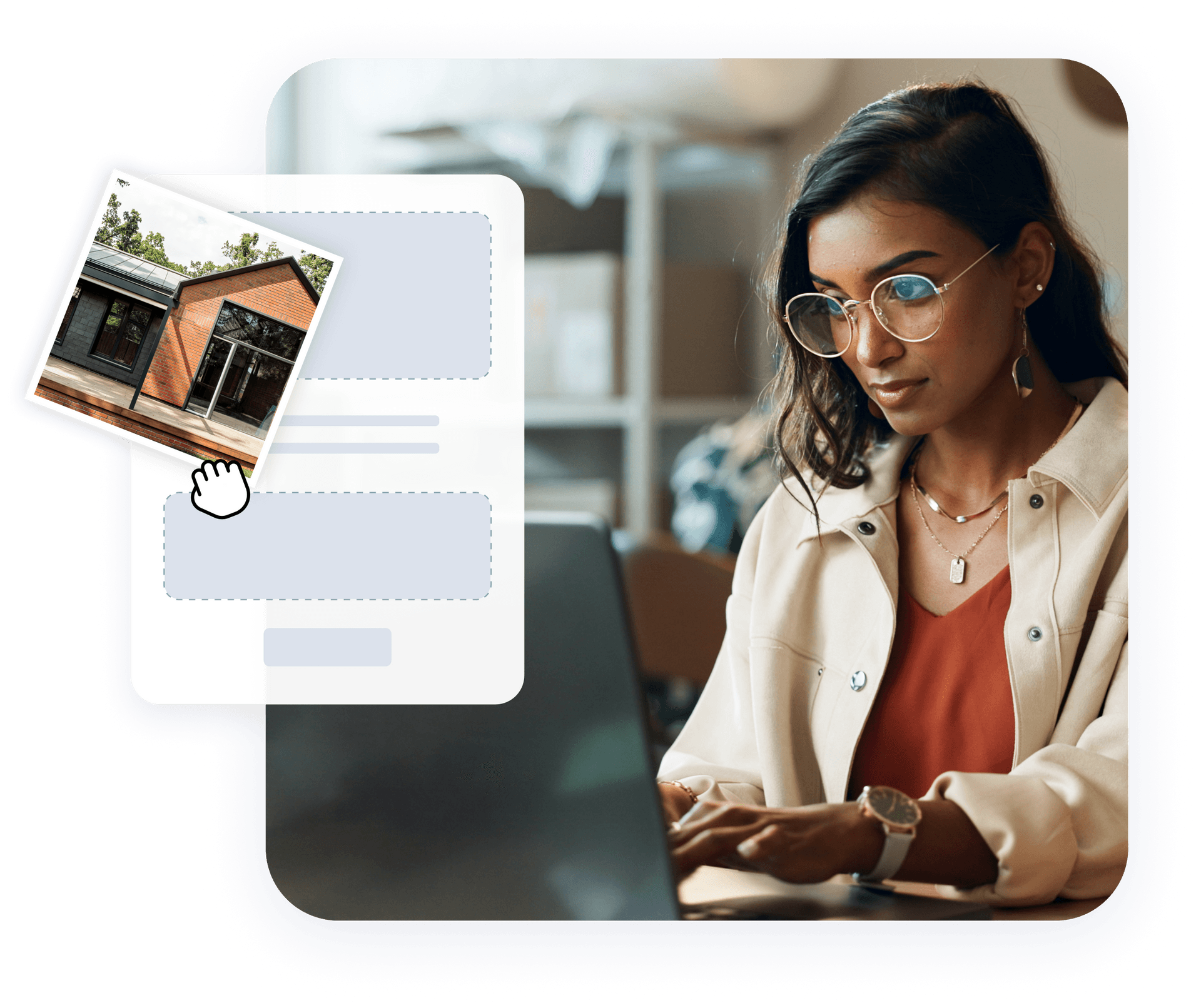 Person wearing glasses and beige jacket using laptop with property listing interface showing modern brick house in left panel.