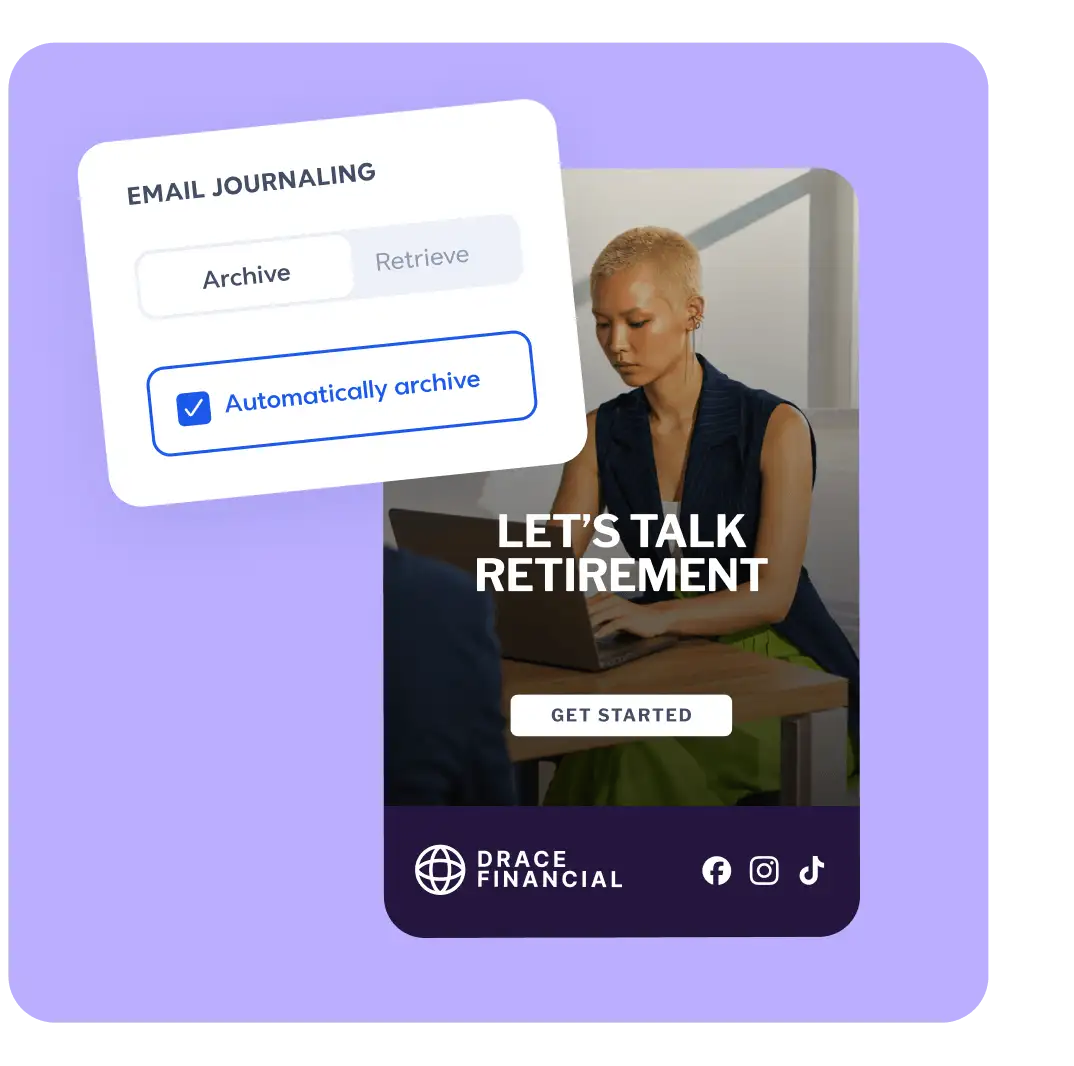 Email journaling UI with archive options overlaid on a Drace Financial retirement ad featuring a woman using a laptop.