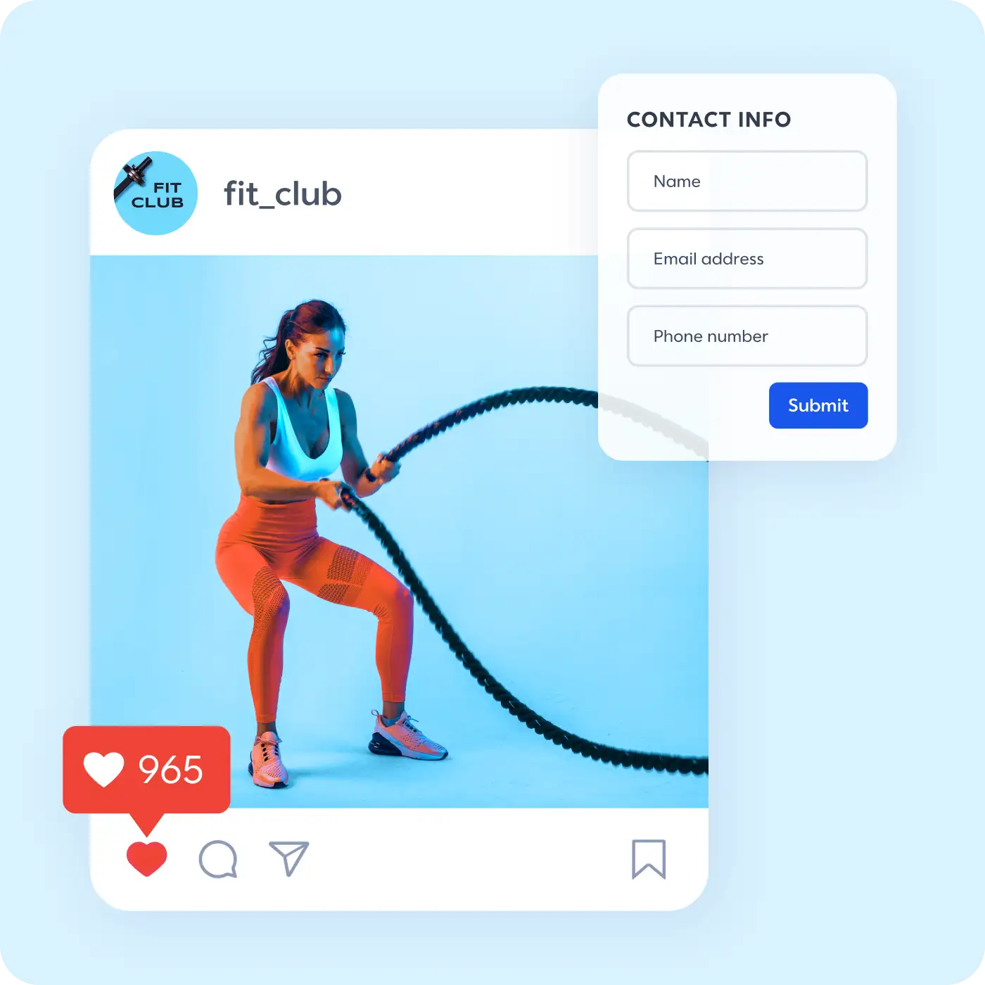 Fitness instructor in blue top and orange leggings using battle ropes, shown on social media with contact form overlay.