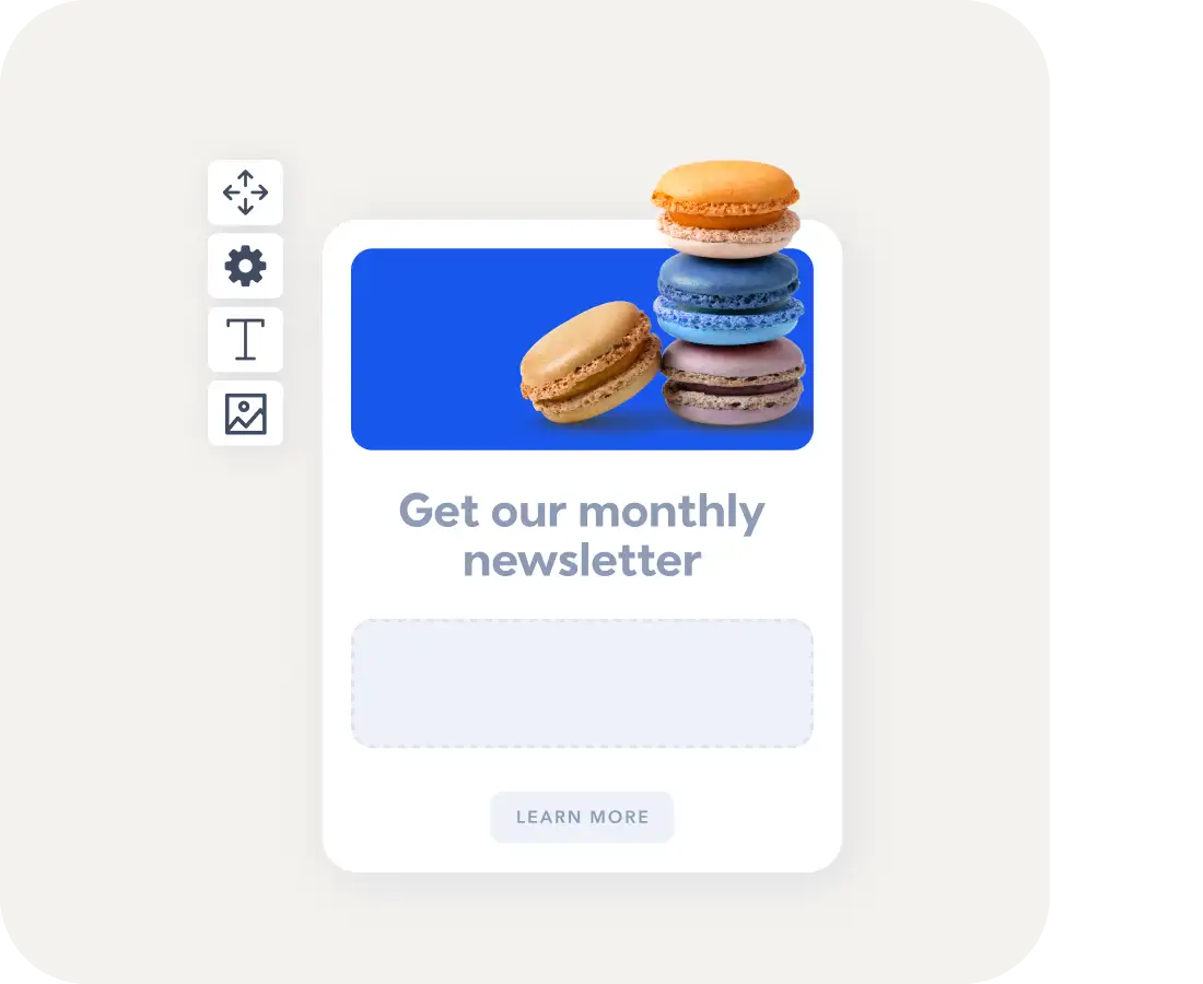 Colorful macarons stacked on blue background with newsletter signup form and "Learn More" button below.