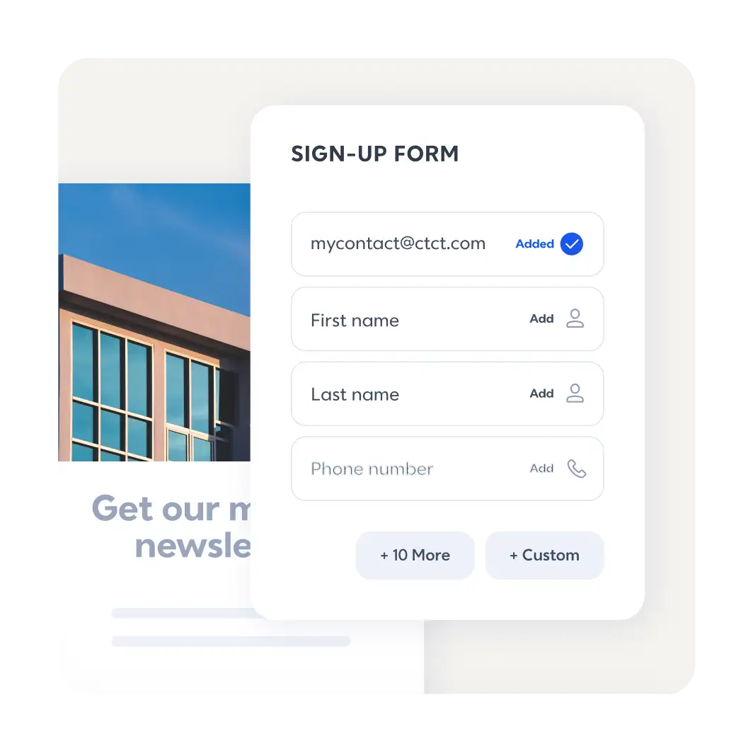 Landing page sign-up form with email, first and last name, and phone number fields.