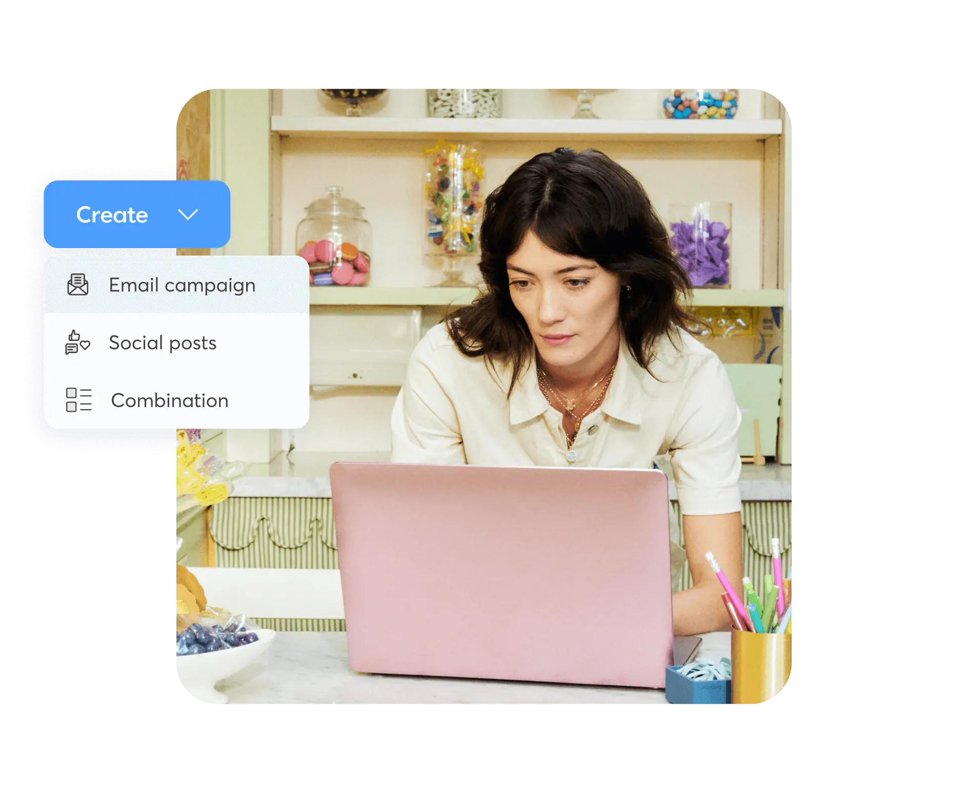 A woman working on her laptop with graphic overlays of a dropdown menu showing options for email campaign, social posts, and combination