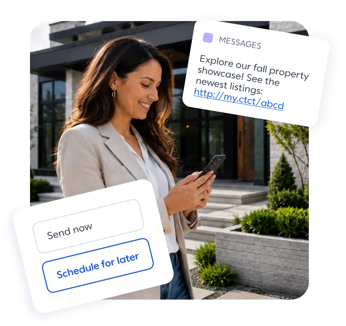 Woman smiling at phone outside a modern home, with SMS property listing message and send/schedule options overlaid.