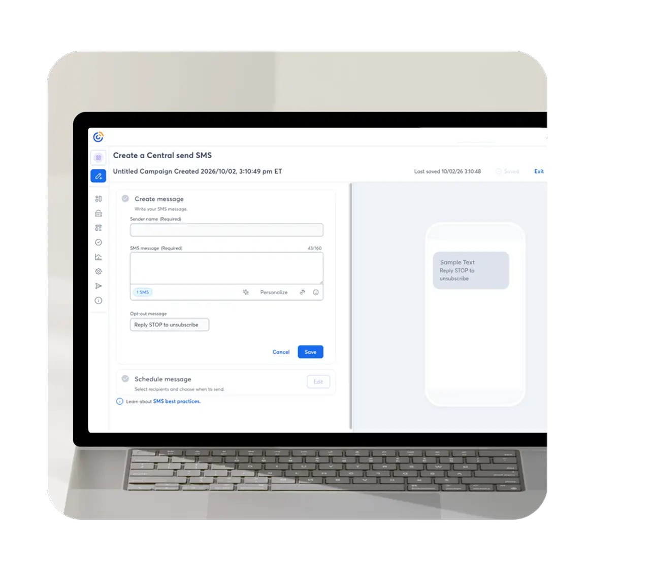 Laptop displaying an SMS campaign creation interface with fields for sender name, message, and opt-out text, plus a message preview.