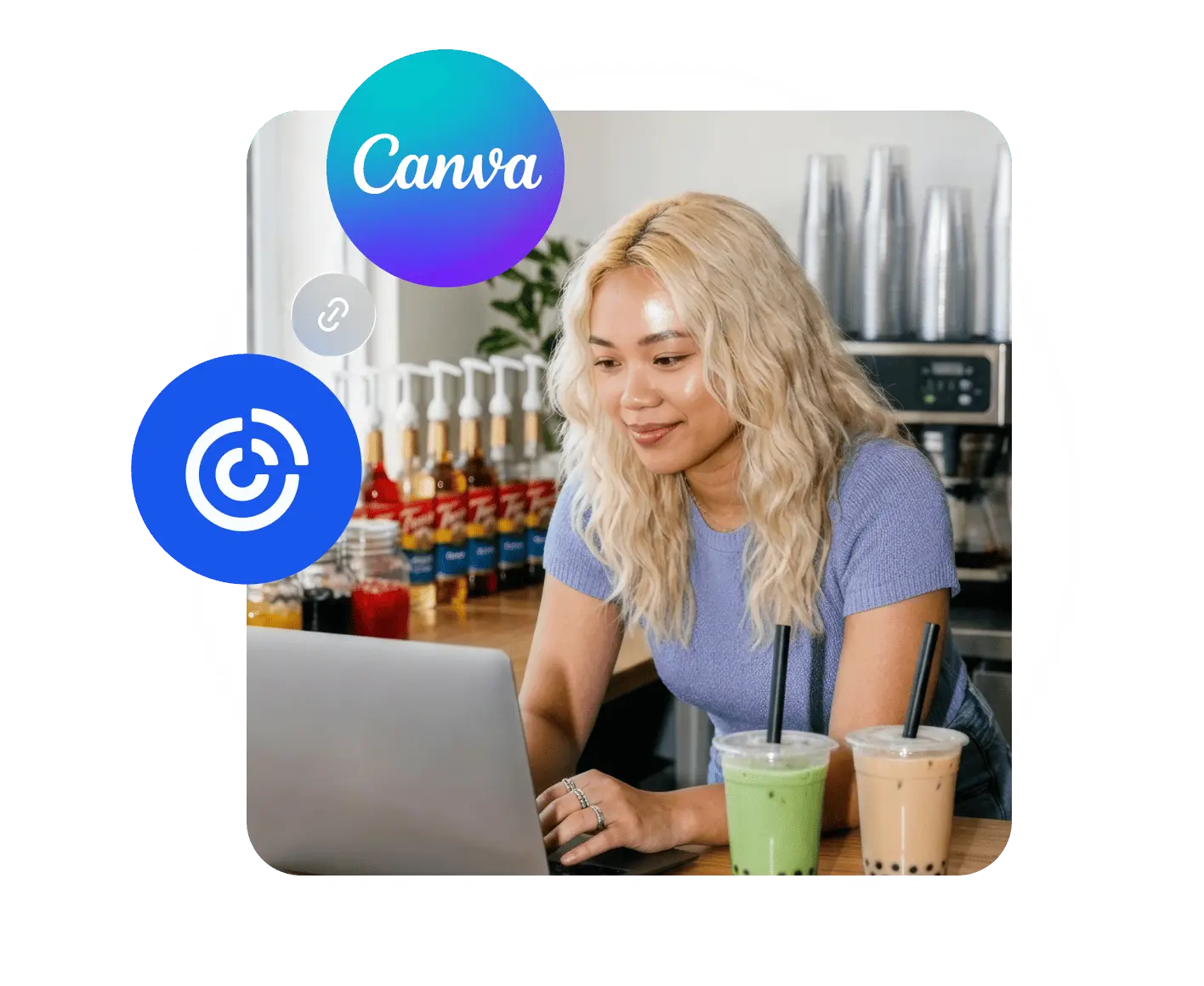 Person with blonde hair using laptop at cafe counter with bubble tea drinks, Canva logo in corner