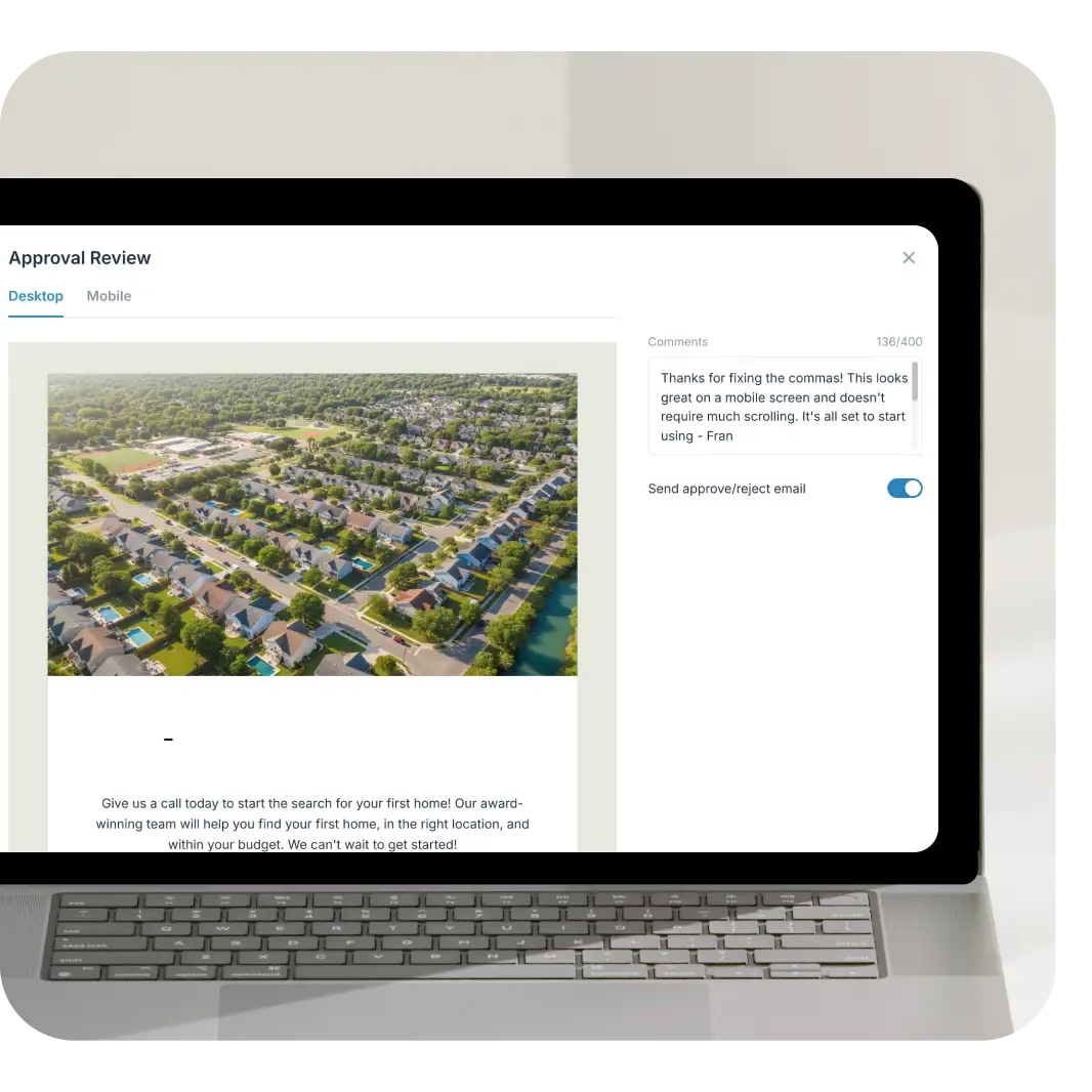 Laptop screen showing content approval interface with suburban neighborhood aerial image and real estate marketing text.