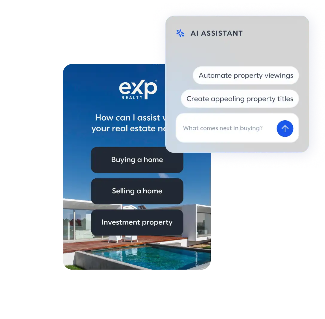 Mobile screen showing three options for "How can I assist with your real estate needs?", overlaid with AI Assistant interface offering property options.
