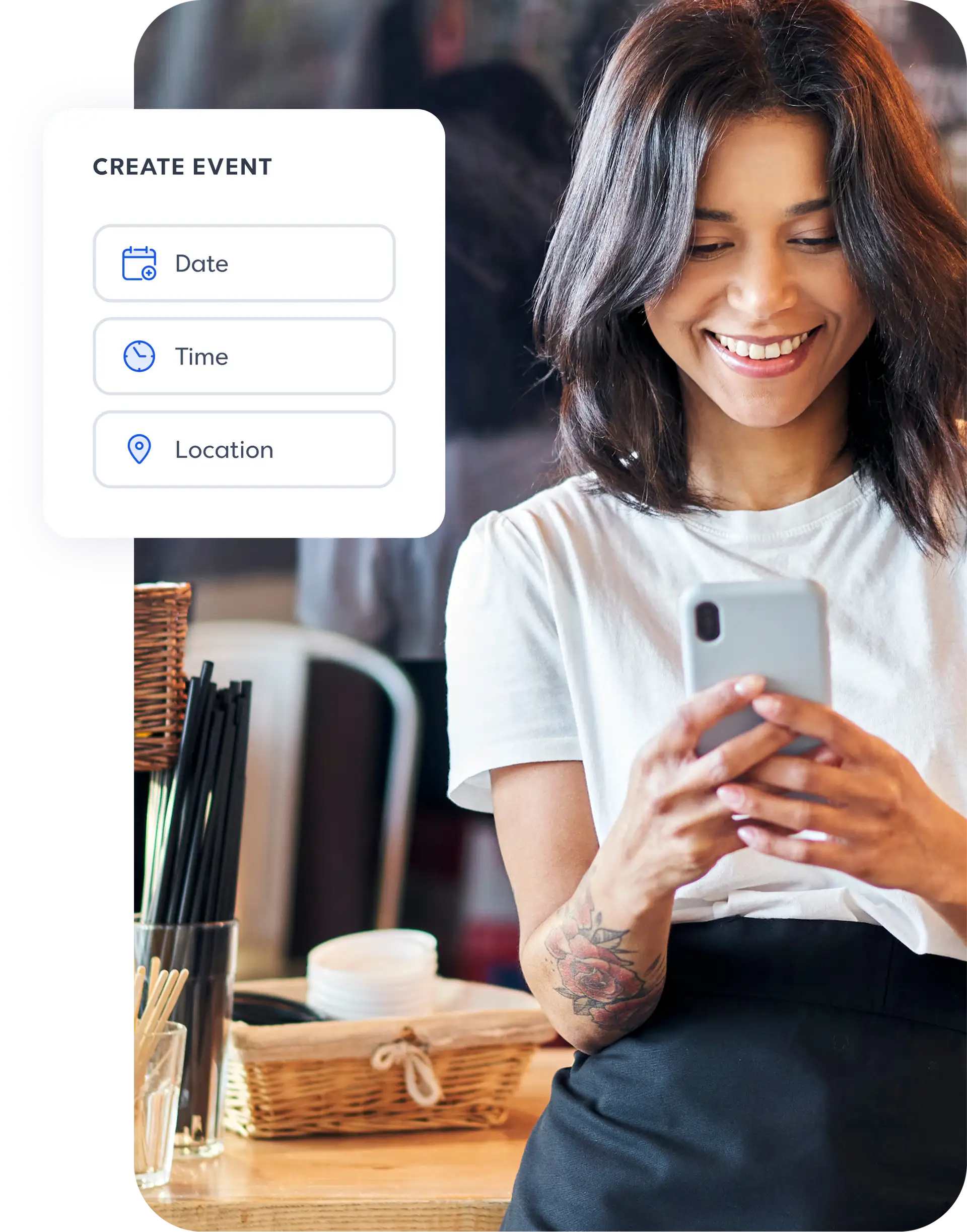 Woman looking at her phone creating an event