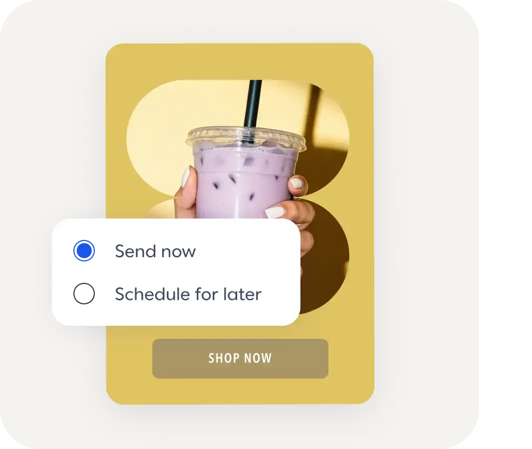 Hand holding purple iced drink with straw against yellow background, with messaging options and "SHOP NOW" button below.