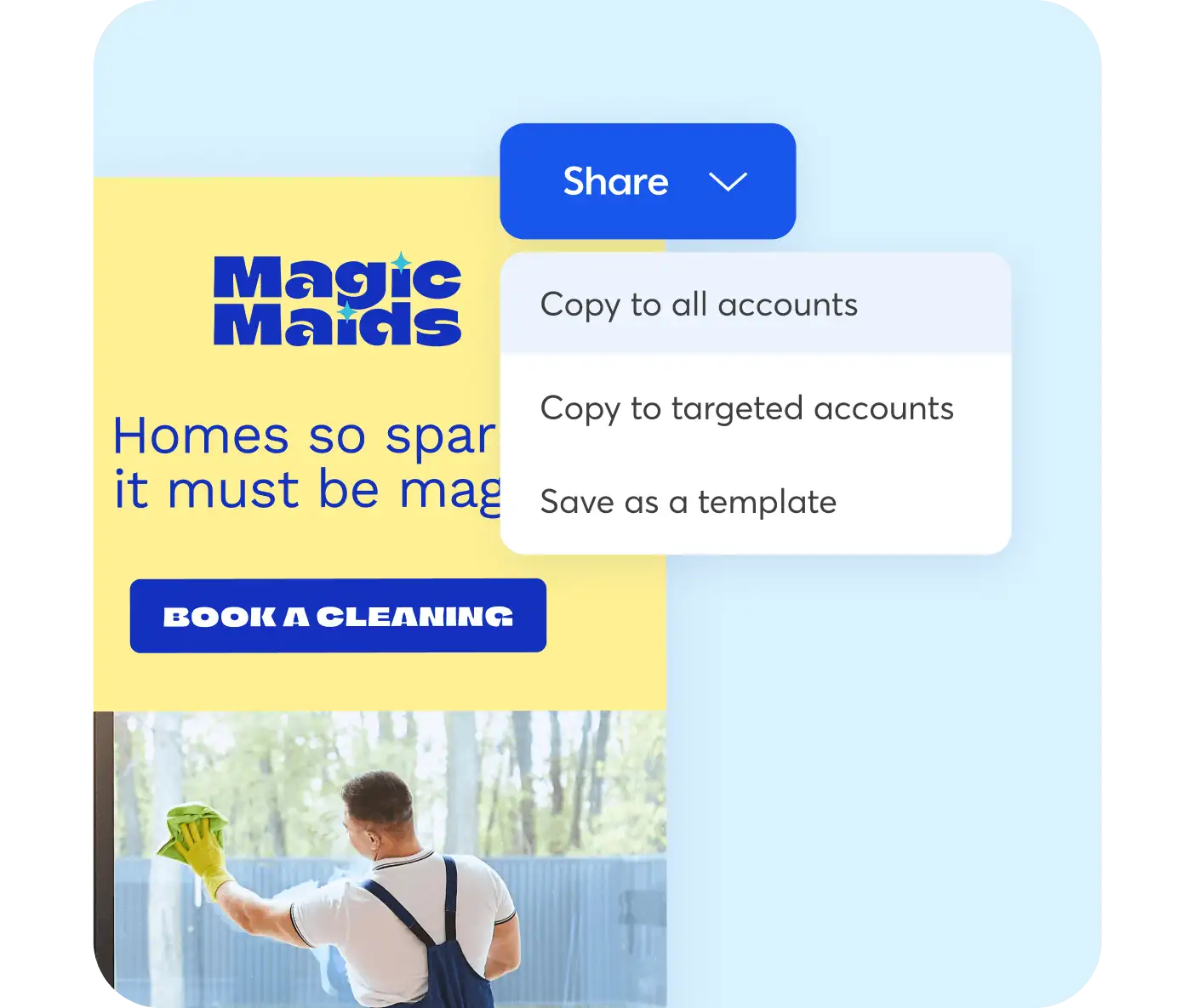Magic Maids cleaning service mobile app interface showing share options and a cleaner wearing gloves cleaning a window.