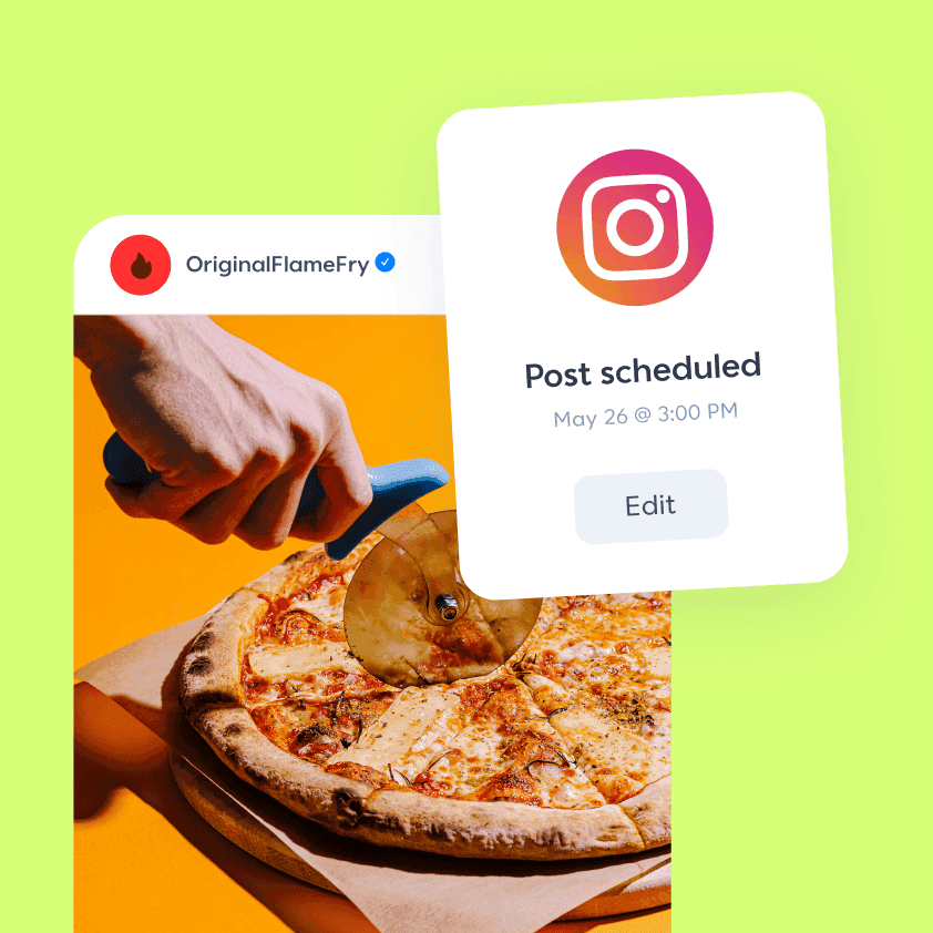 Instagram post scheduling UI showing a pizza being sliced, with a confirmation card reading "Post scheduled May 26 @ 3:00 PM."