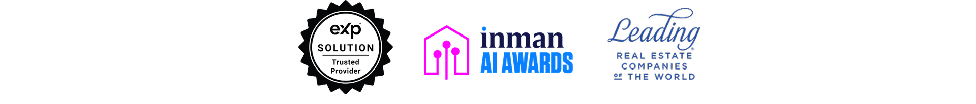 Three logos: eXp Realty, Inman AI Awards with a pink house icon, and Leading Real Estate Companies of the World in blue.